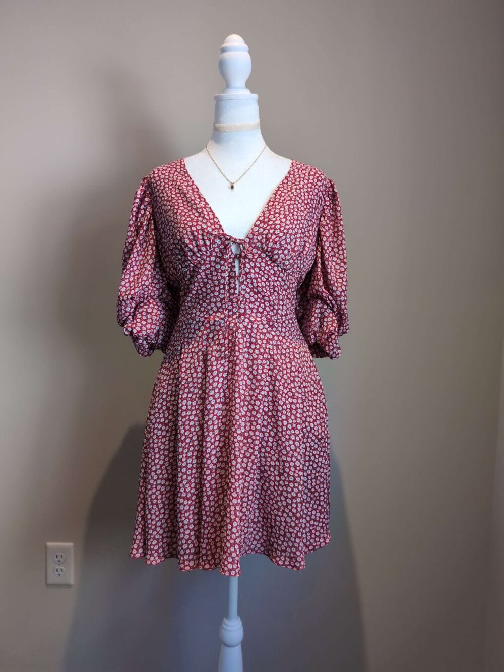 Eggie Red Floral Tie-Front Puff Sleeve Dress | Cottagecore/Vintage-In